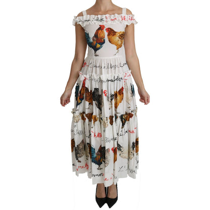 Dolce & Gabbana White Rooster Sheath Midi Cotton Dress Dolce & Gabbana
