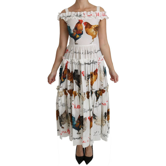 Dolce & Gabbana White Rooster Sheath Midi Cotton Dress Dolce & Gabbana