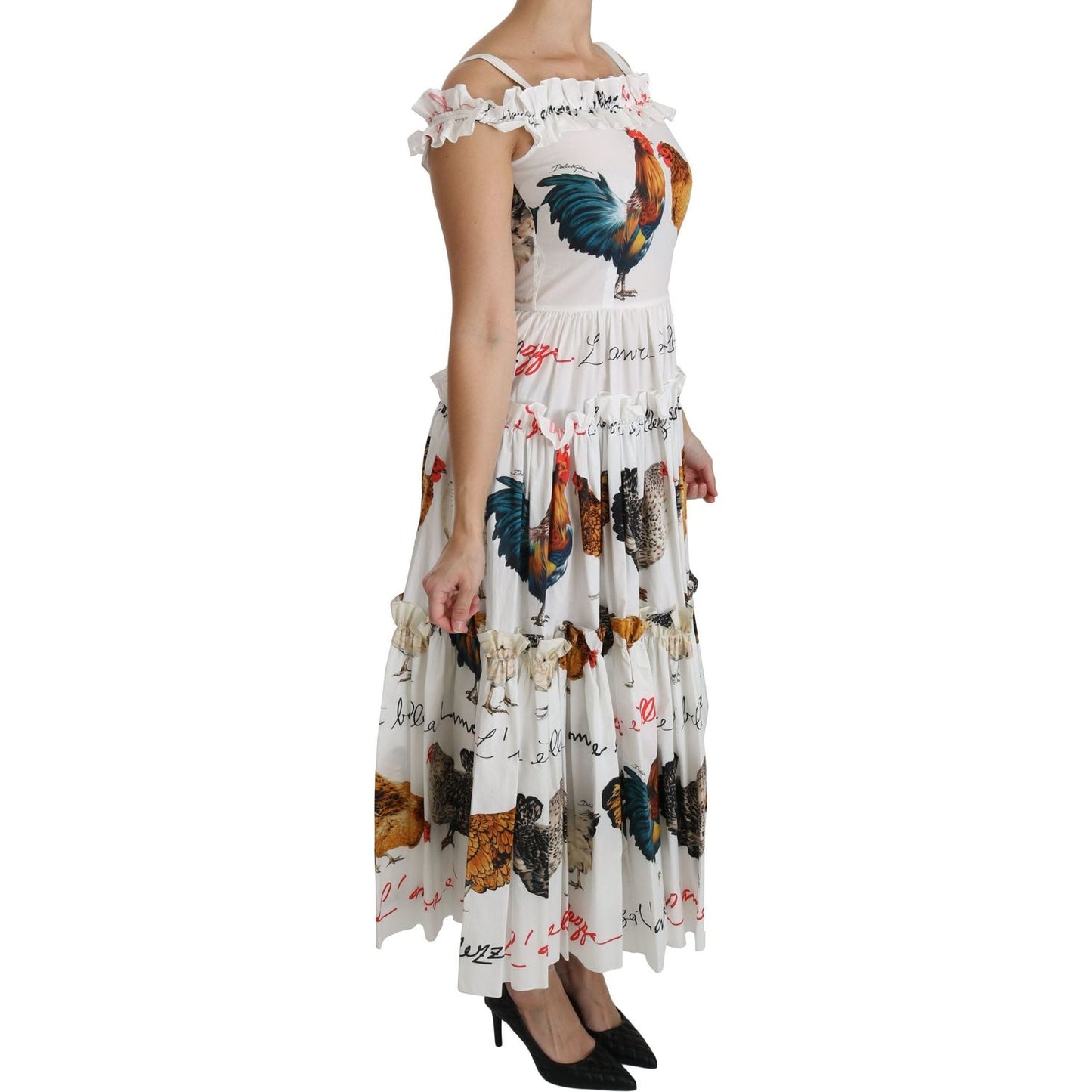 Dolce & Gabbana White Rooster Sheath Midi Cotton Dress Dolce & Gabbana