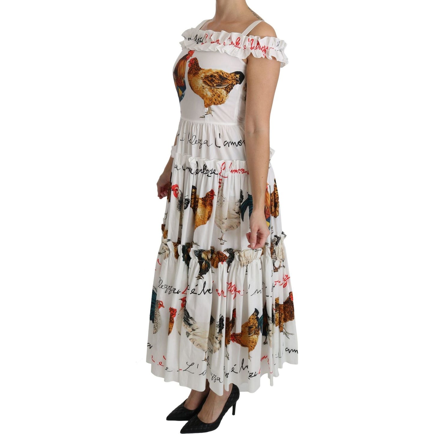 Dolce & Gabbana White Rooster Sheath Midi Cotton Dress Dolce & Gabbana