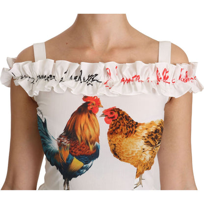 Dolce & Gabbana White Rooster Sheath Midi Cotton Dress Dolce & Gabbana