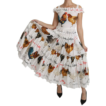 Dolce & Gabbana White Rooster Sheath Midi Cotton Dress Dolce & Gabbana