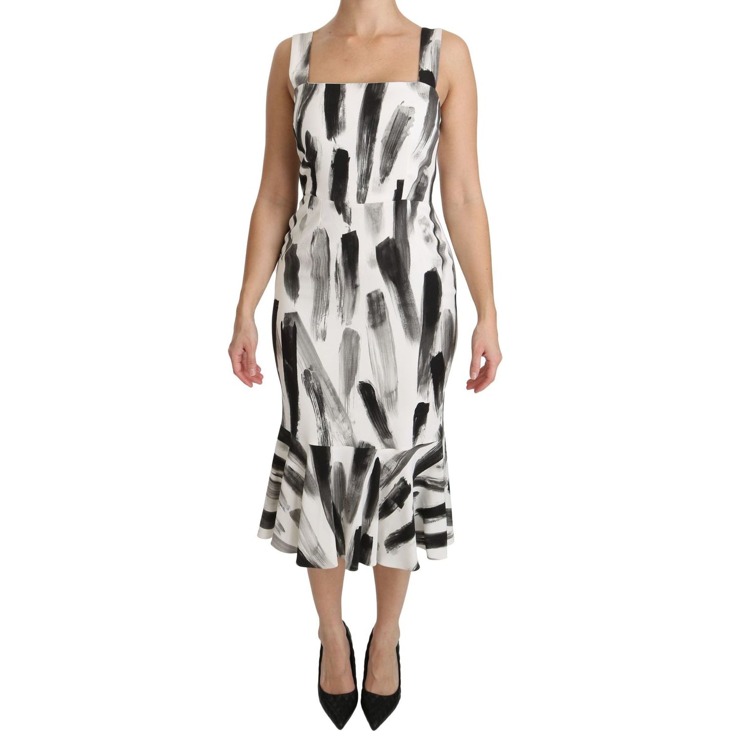 Dolce & Gabbana White Black Printed Sheath Midi Viscose Dress Dolce & Gabbana