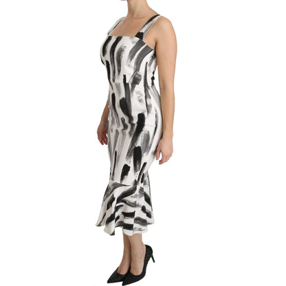 Dolce & Gabbana White Black Printed Sheath Midi Viscose Dress Dolce & Gabbana