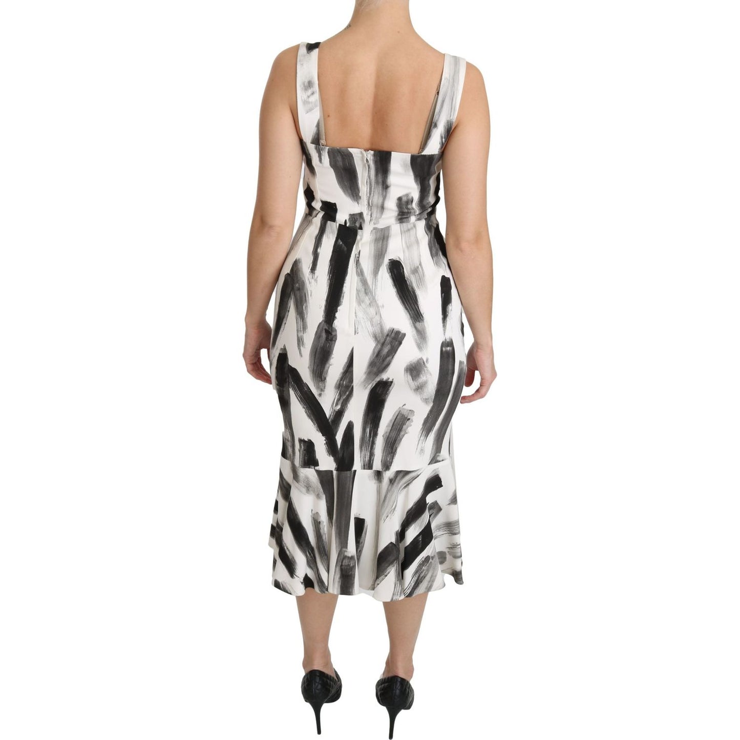 Dolce & Gabbana White Black Printed Sheath Midi Viscose Dress Dolce & Gabbana