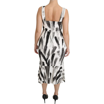 Dolce & Gabbana White Black Printed Sheath Midi Viscose Dress Dolce & Gabbana