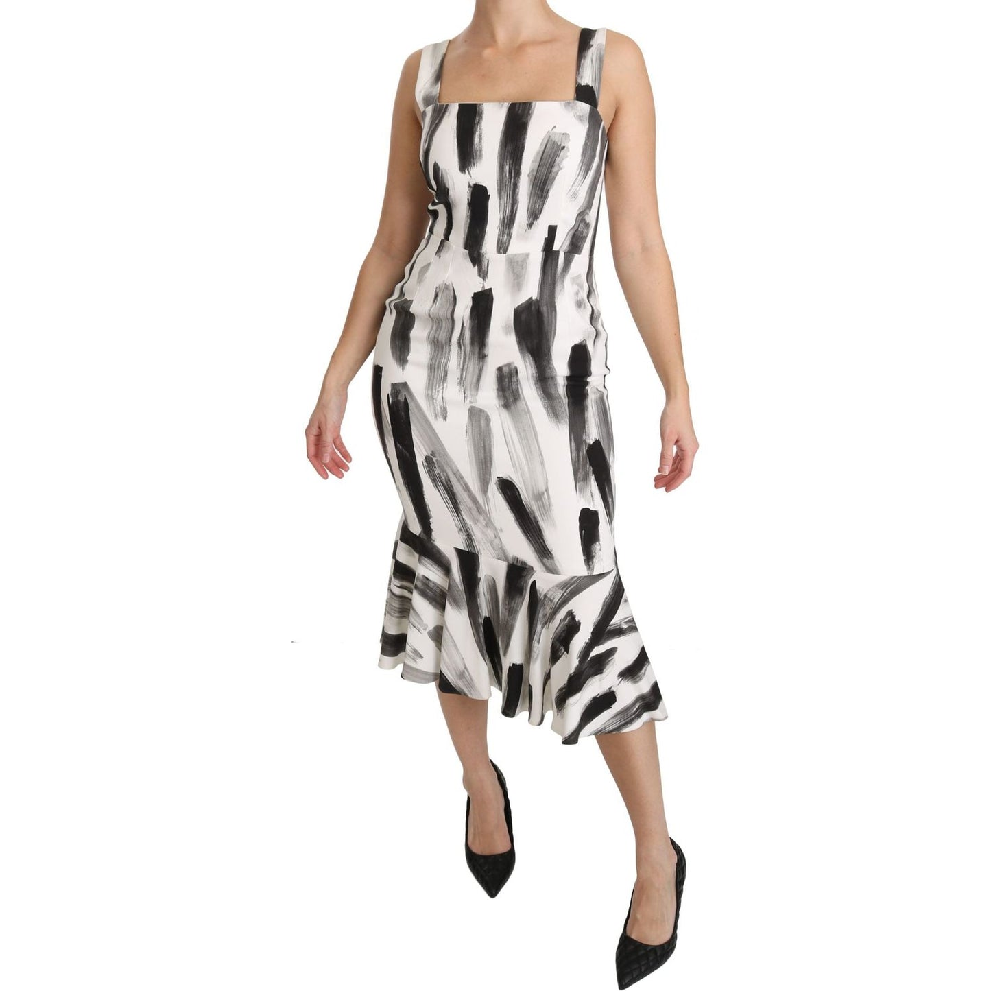 Dolce & Gabbana White Black Printed Sheath Midi Viscose Dress Dolce & Gabbana