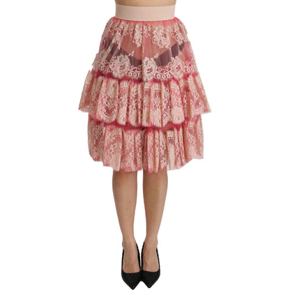 Dolce & Gabbana Pink Lace Layered High Waist Knee Length Skirt Dolce & Gabbana