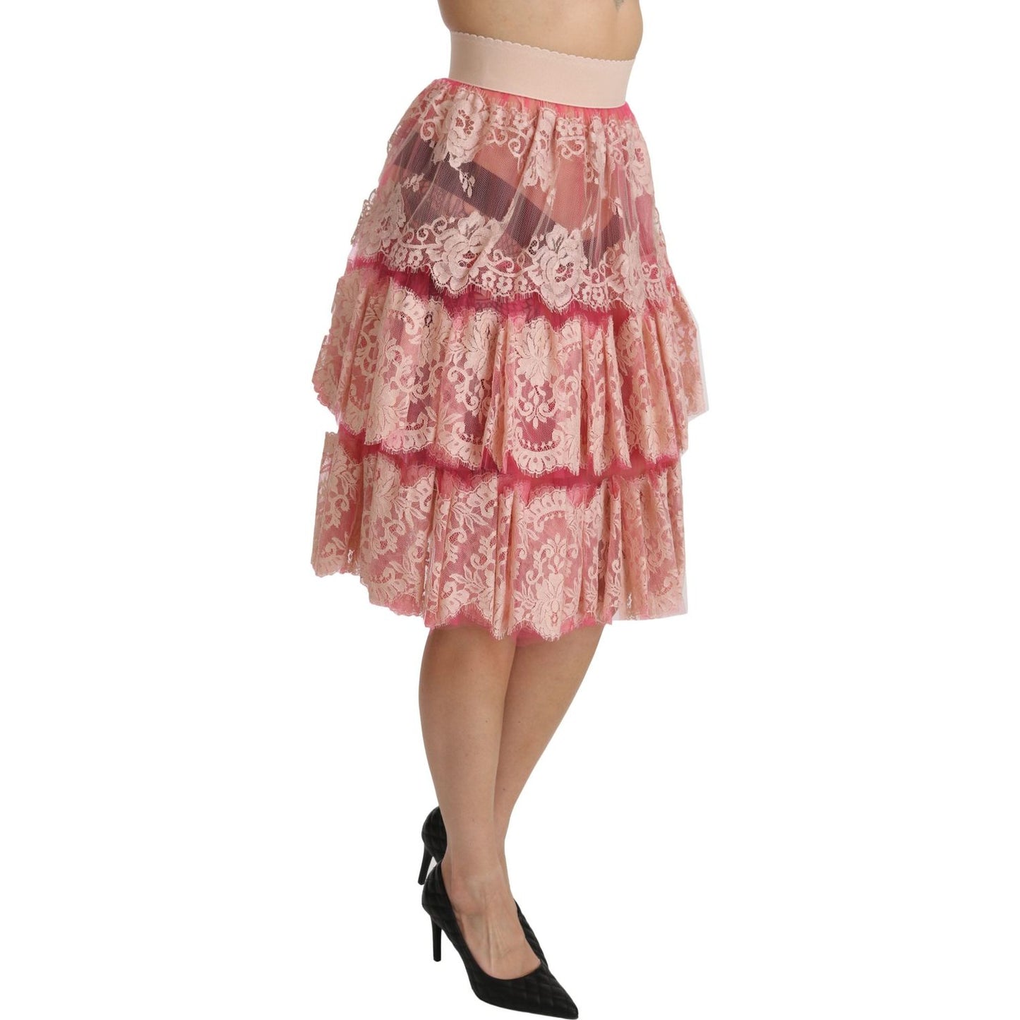 Dolce & Gabbana Pink Lace Layered High Waist Knee Length Skirt Dolce & Gabbana