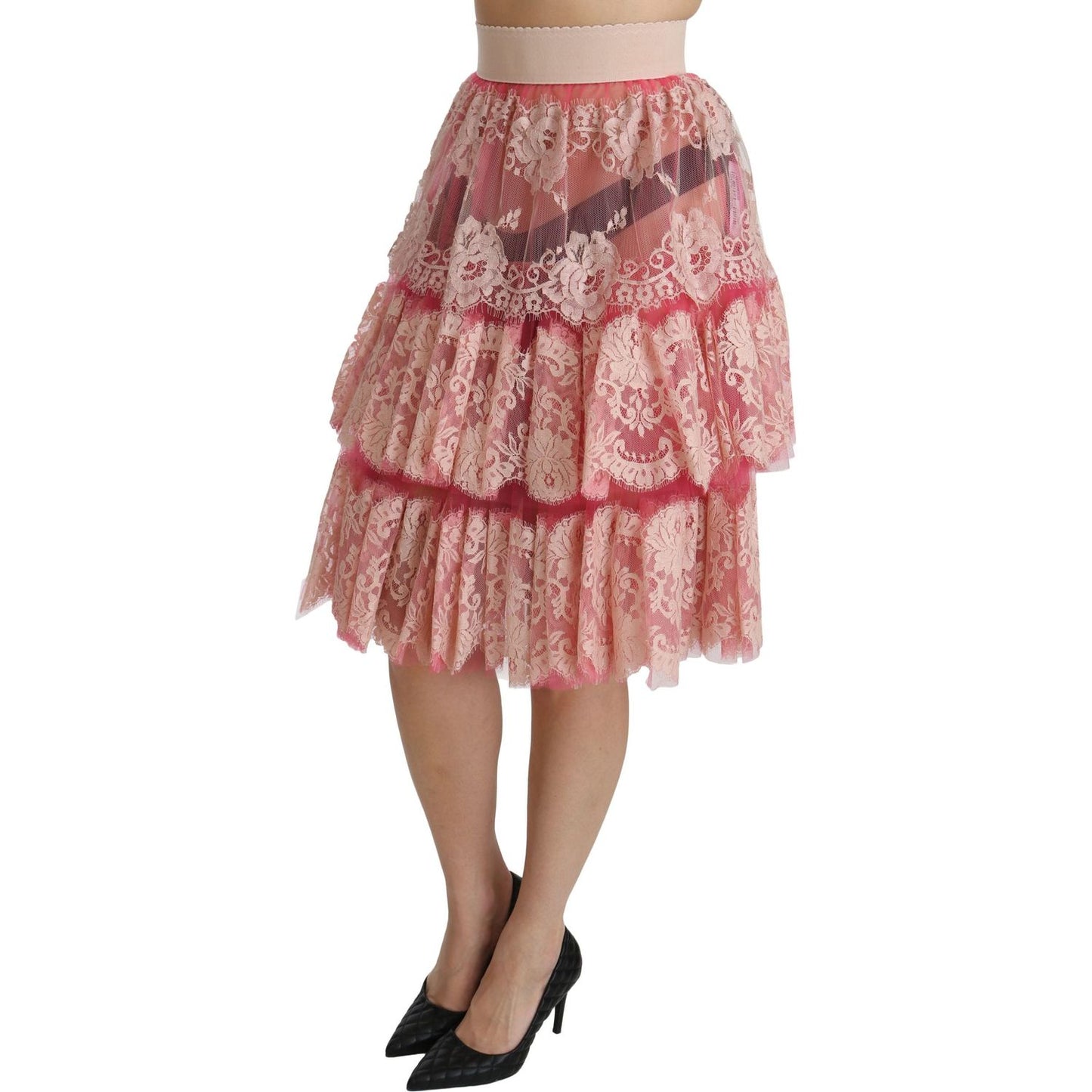 Dolce & Gabbana Pink Lace Layered High Waist Knee Length Skirt Dolce & Gabbana