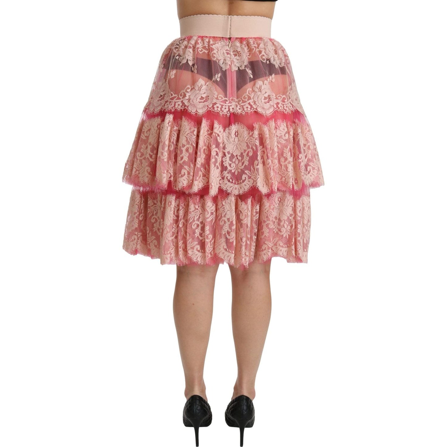 Dolce & Gabbana Pink Lace Layered High Waist Knee Length Skirt Dolce & Gabbana