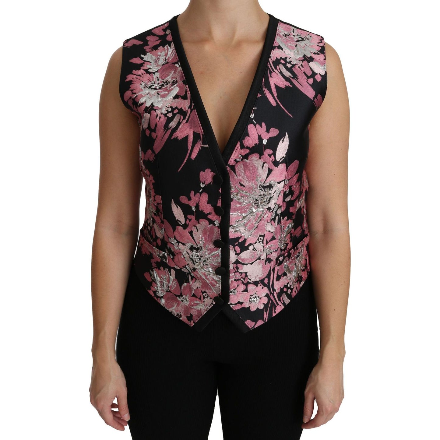Dolce & Gabbana Black Pink Floral Waistcoat Vest Blouse Top Dolce & Gabbana