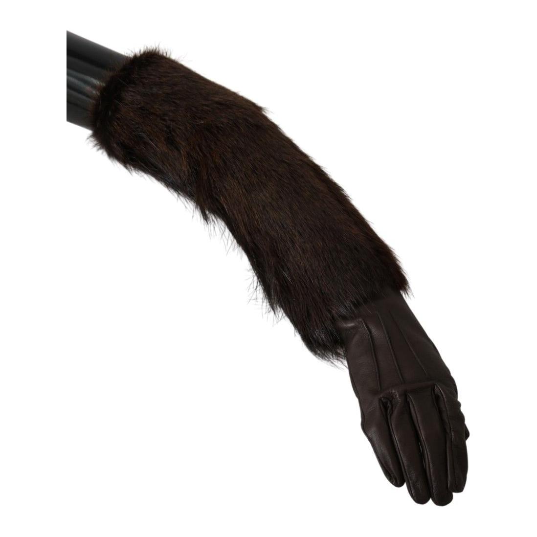 Dolce & Gabbana Brown Elbow Length Mittens Leather Fur Gloves Dolce & Gabbana