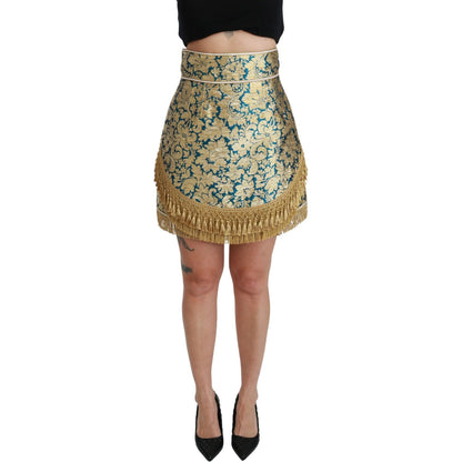 Dolce & Gabbana Blue High Waist Jacquard Tassel Gold Skirt Dolce & Gabbana