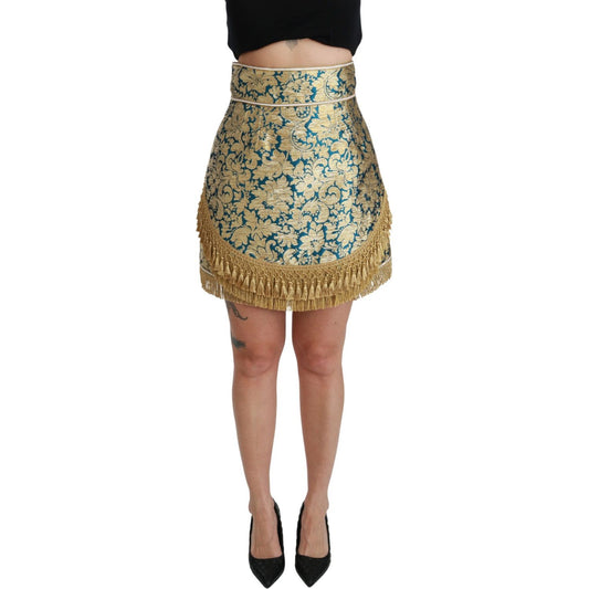 Dolce & Gabbana Blue High Waist Jacquard Tassel Gold Skirt Dolce & Gabbana