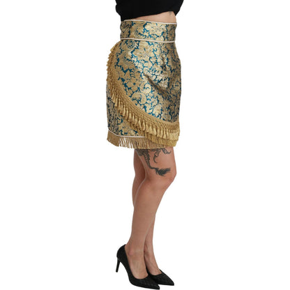 Dolce & Gabbana Blue High Waist Jacquard Tassel Gold Skirt Dolce & Gabbana