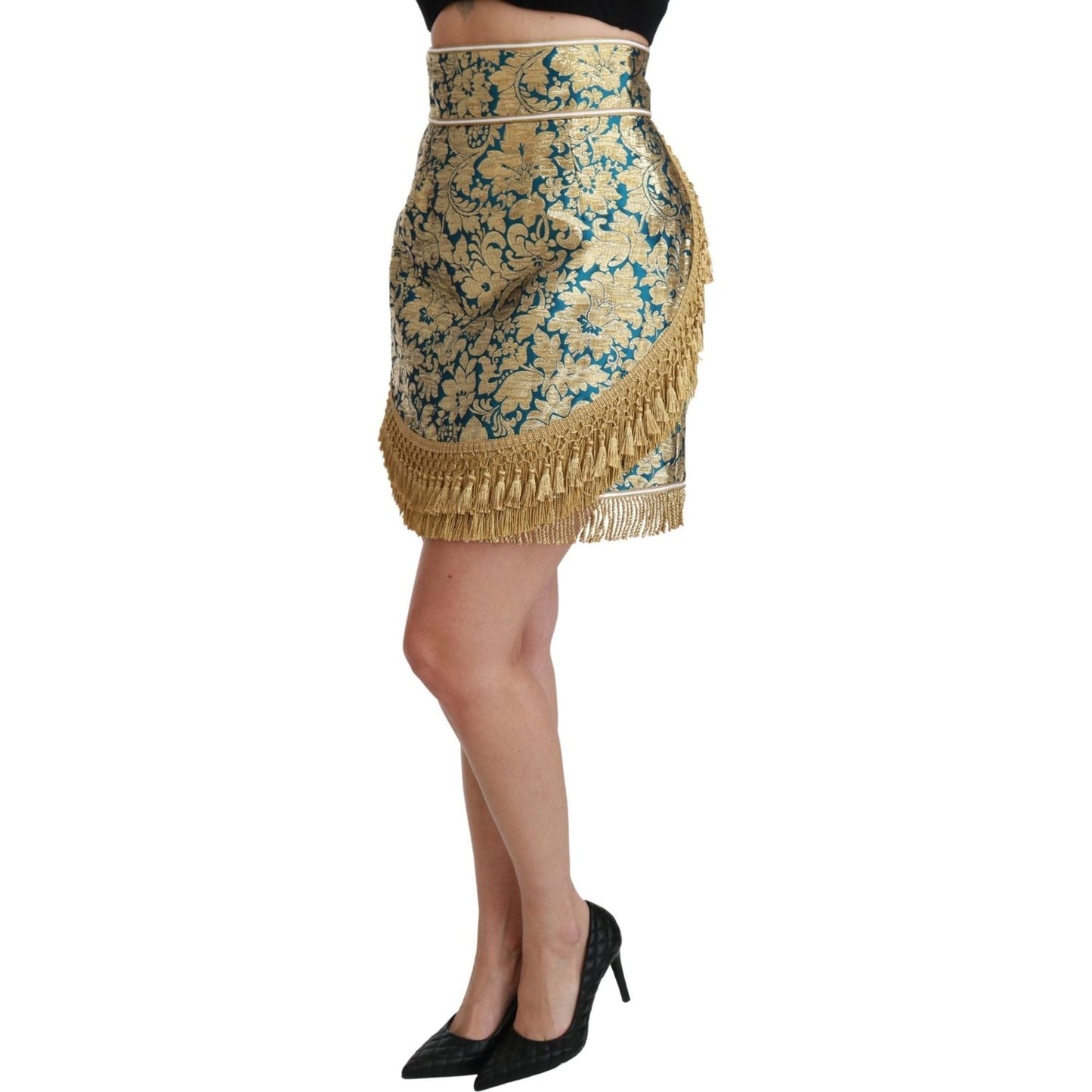 Dolce & Gabbana Blue High Waist Jacquard Tassel Gold Skirt Dolce & Gabbana