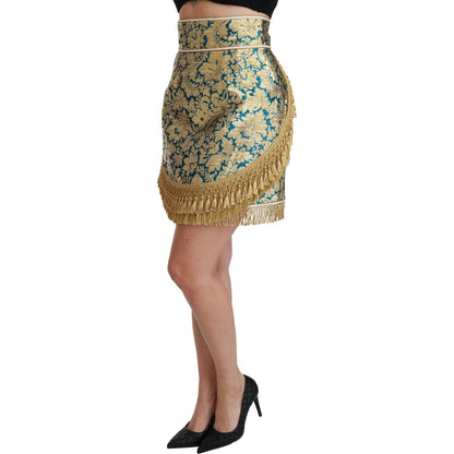Dolce & Gabbana Blue High Waist Jacquard Tassel Gold Skirt Dolce & Gabbana
