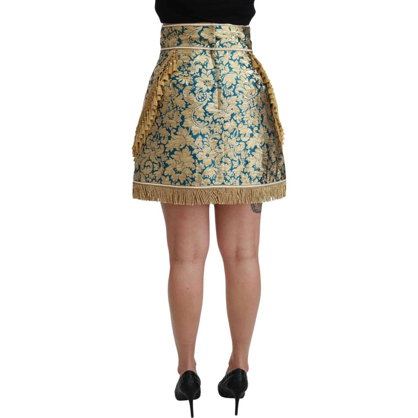Dolce & Gabbana Blue High Waist Jacquard Tassel Gold Skirt Dolce & Gabbana
