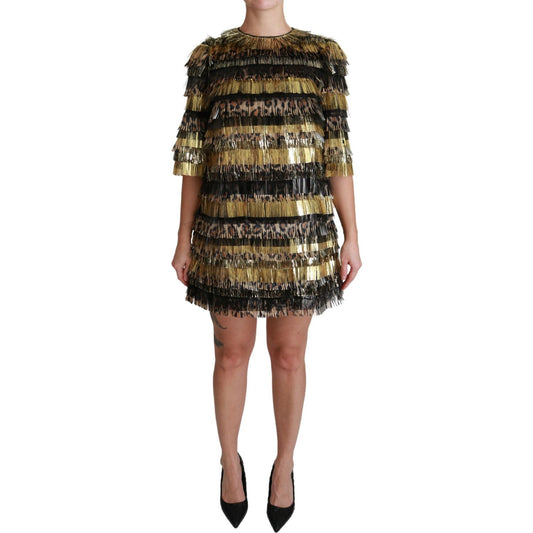Dolce & Gabbana Polyester Black Gold Leopard Shift Mini Dress Dolce & Gabbana