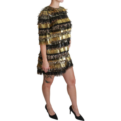 Dolce & Gabbana Polyester Black Gold Leopard Shift Mini Dress Dolce & Gabbana