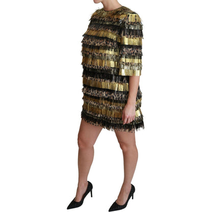Dolce & Gabbana Polyester Black Gold Leopard Shift Mini Dress Dolce & Gabbana