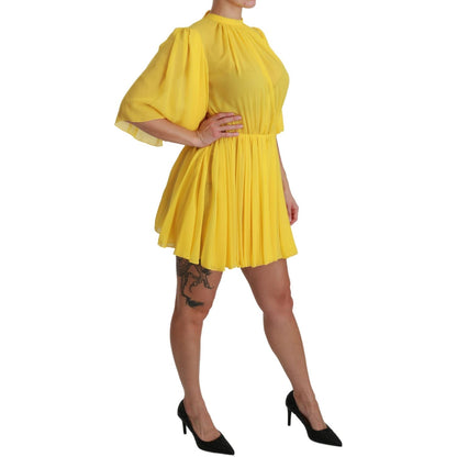 Dolce & Gabbana Yellow Pleated A-line Mini 100% Silk Dress Dolce & Gabbana