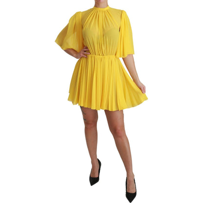 Dolce & Gabbana Yellow Pleated A-line Mini 100% Silk Dress Dolce & Gabbana