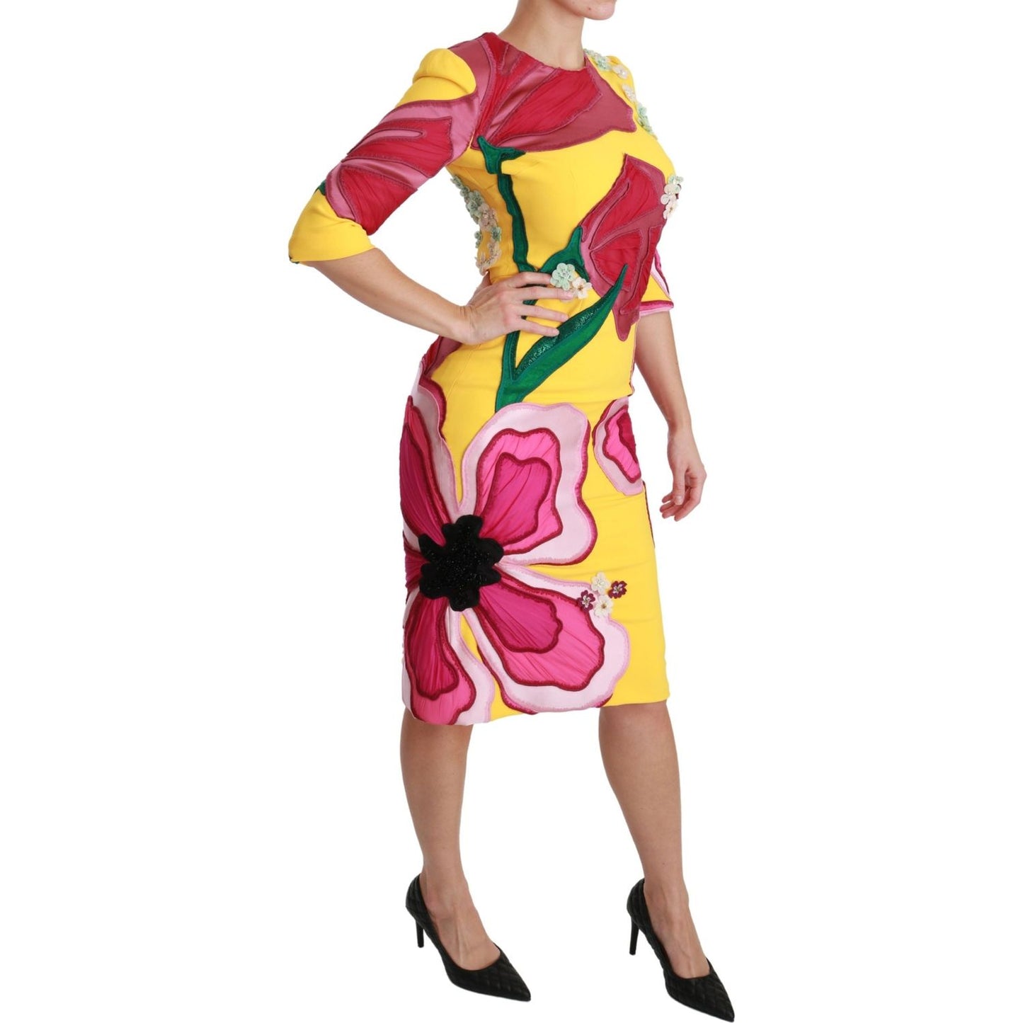 Dolce & Gabbana Yellow Floral Crystal Bodycon Sheath Dress Dolce & Gabbana