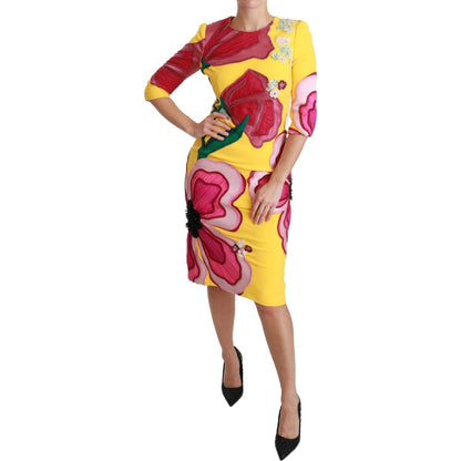 Dolce & Gabbana Yellow Floral Crystal Bodycon Sheath Dress Dolce & Gabbana