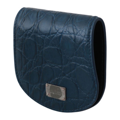 Dolce Gabbana leather condom holder in blue leather with snap button closure and logo details.