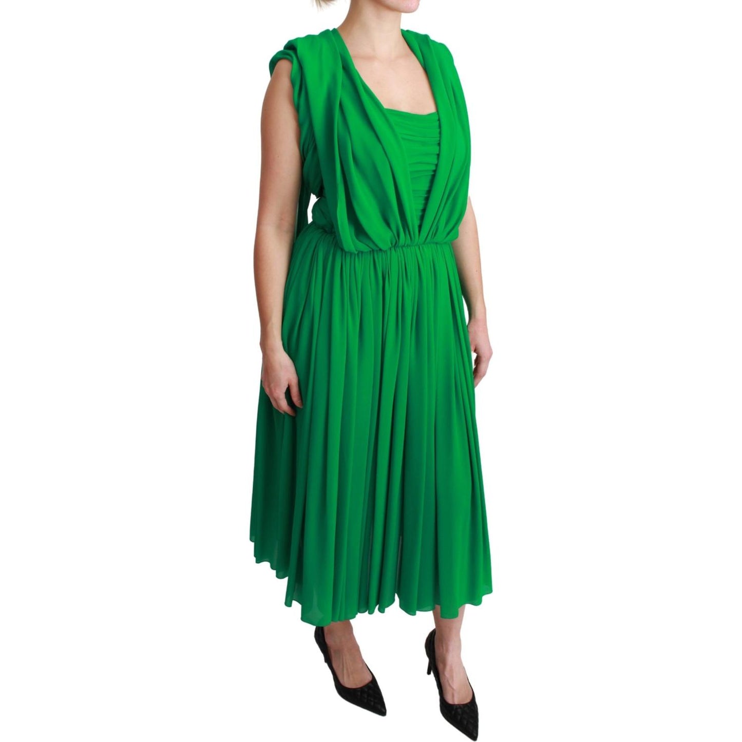 Dolce & Gabbana 100% Silk Green Sleeveless Pleated Maxi Dress Dolce & Gabbana