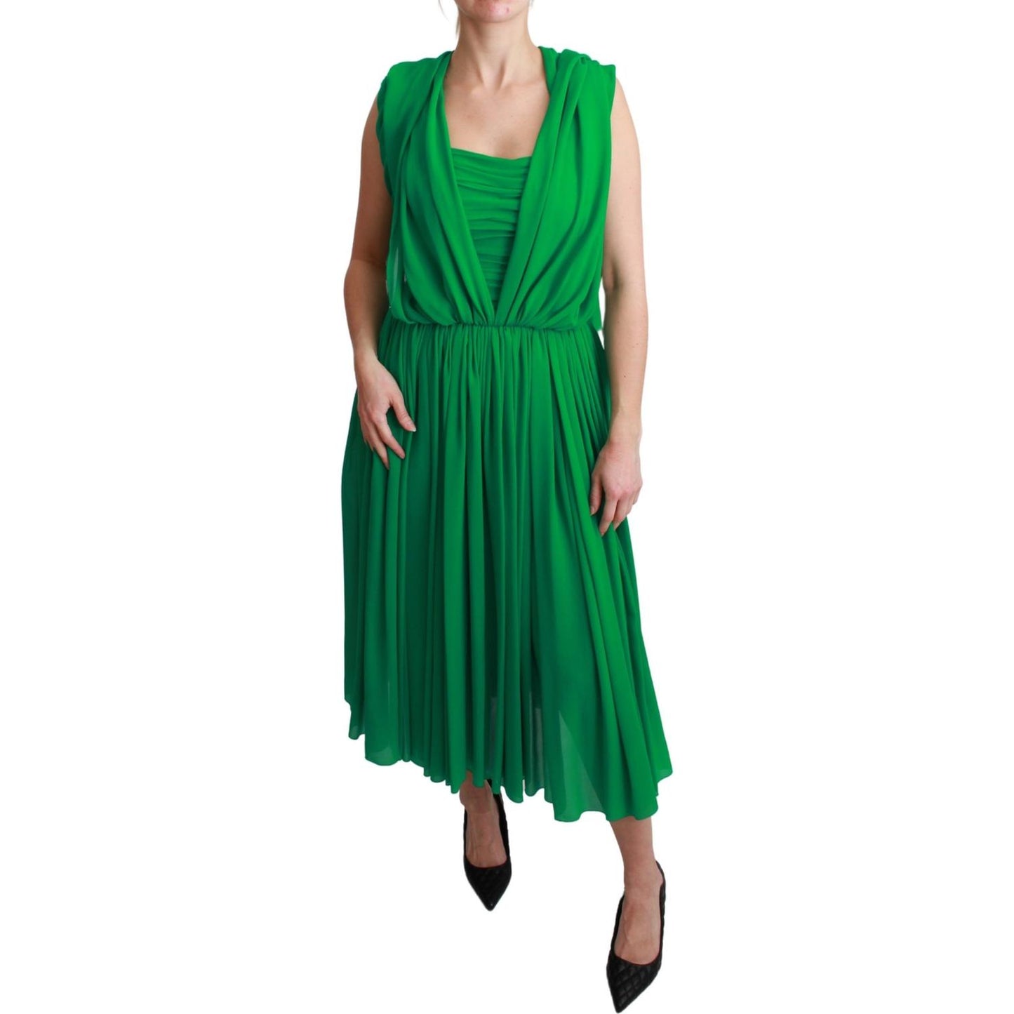 Dolce & Gabbana 100% Silk Green Sleeveless Pleated Maxi Dress Dolce & Gabbana