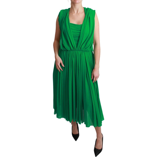 Dolce & Gabbana 100% Silk Green Sleeveless Pleated Maxi Dress Dolce & Gabbana