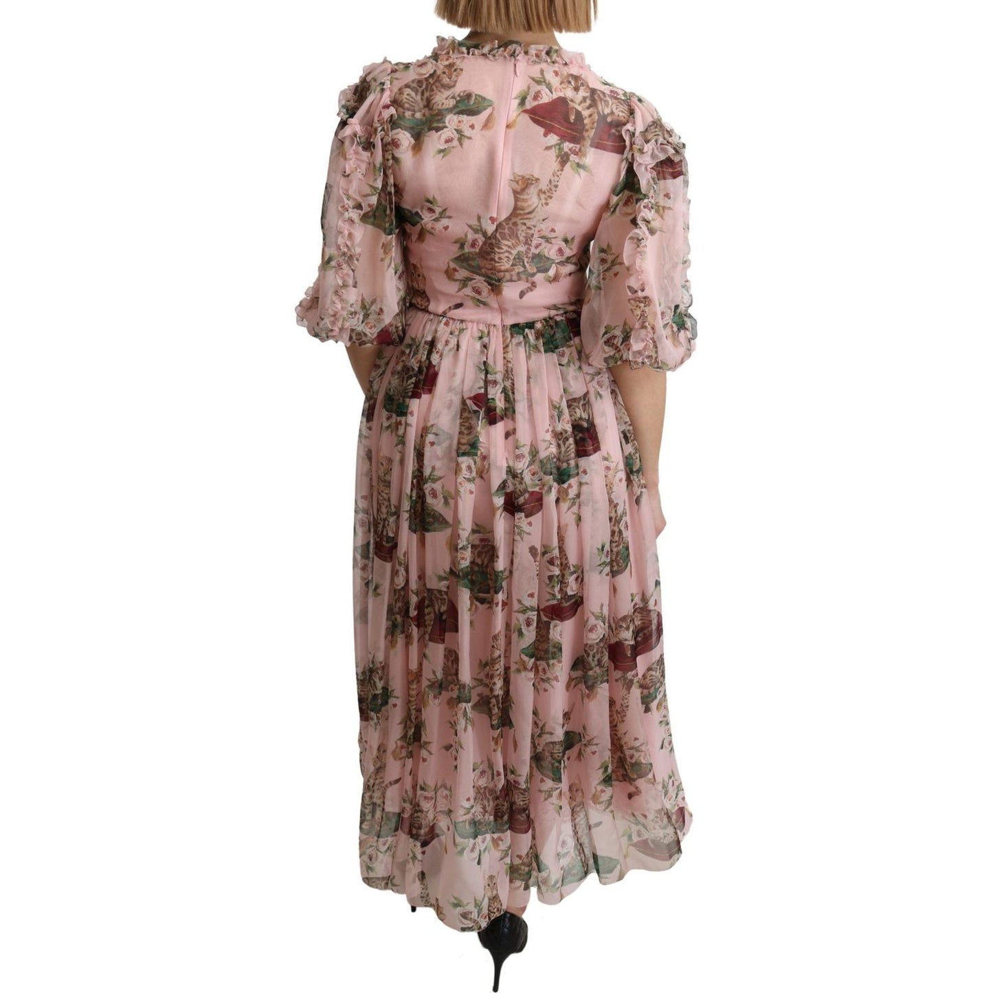 Dolce & Gabbana Pink Bengal Cat Print A-line Maxi Silk Dress Dolce & Gabbana