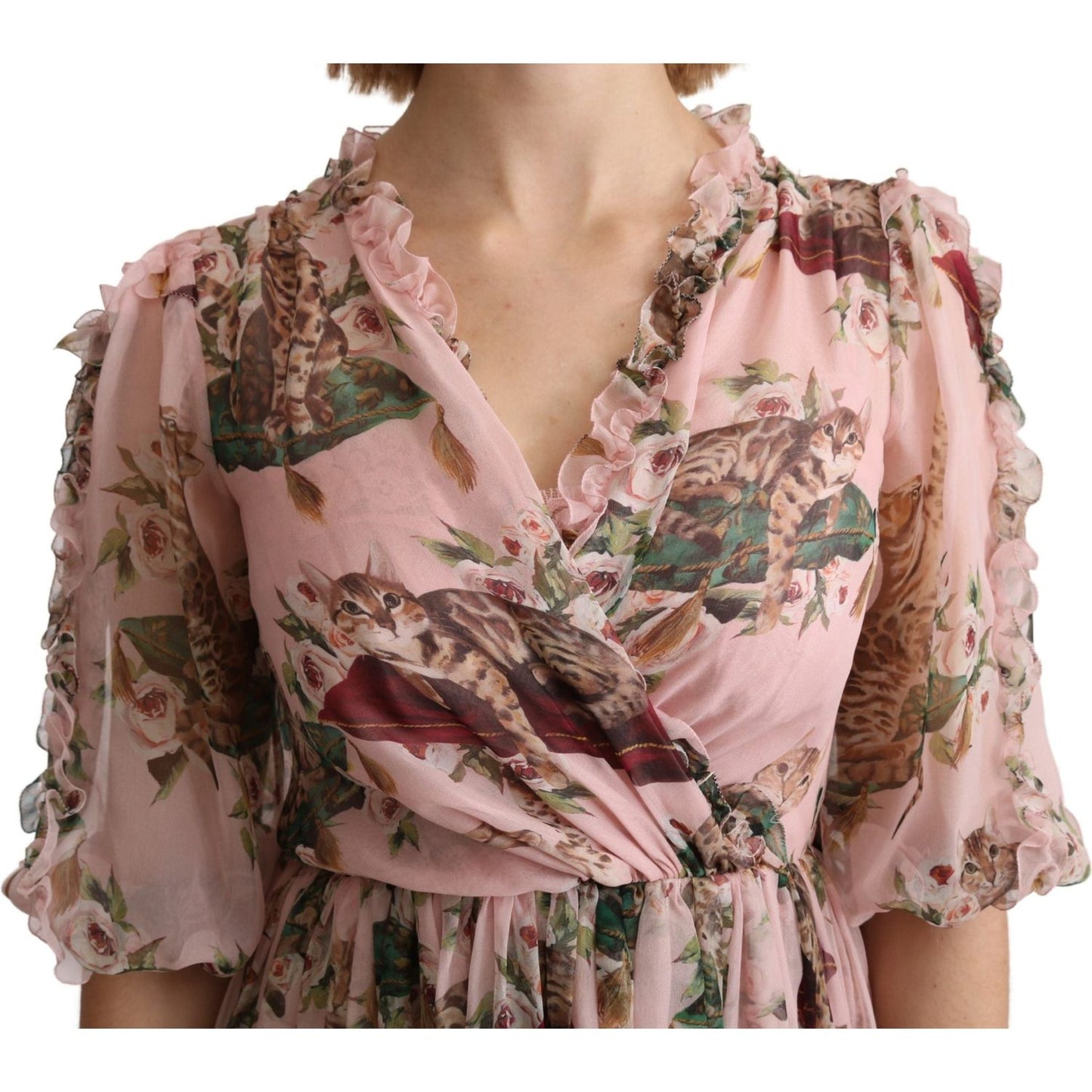 Dolce & Gabbana Pink Bengal Cat Print A-line Maxi Silk Dress Dolce & Gabbana