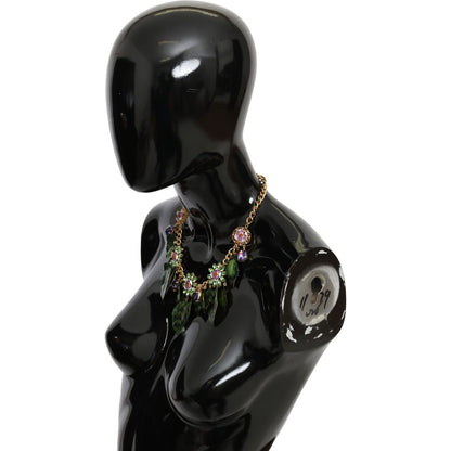 Dolce & Gabbana Green Leaves Gold Brass Crystal Flower Pendant Necklace Dolce & Gabbana