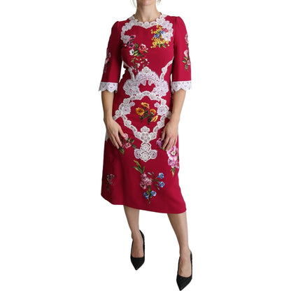 Dolce & Gabbana Red Floral Embroidered Sheath Midi Dress Dolce & Gabbana