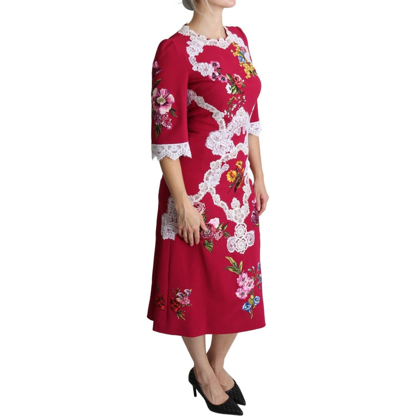 Dolce & Gabbana Red Floral Embroidered Sheath Midi Dress Dolce & Gabbana