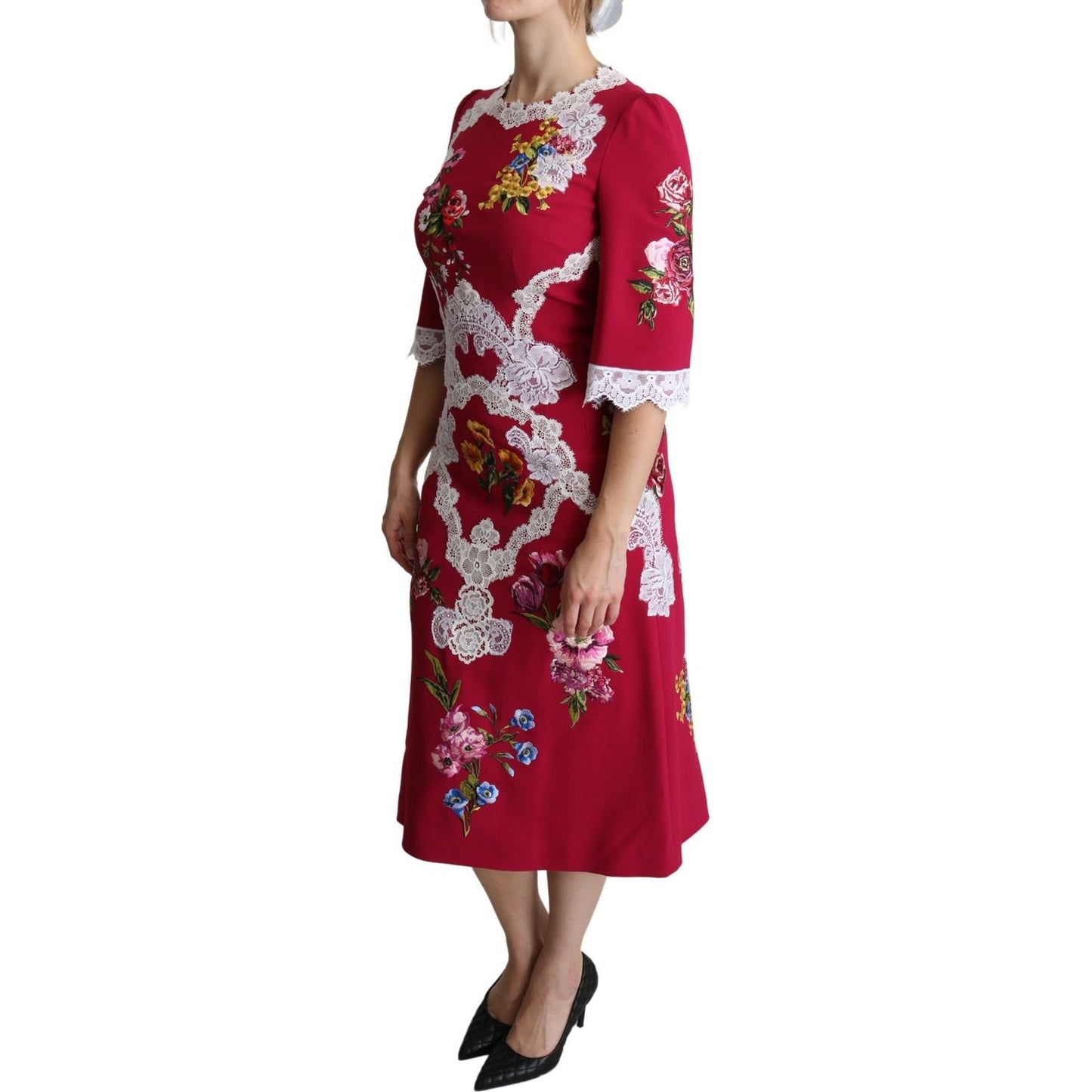Dolce & Gabbana Red Floral Embroidered Sheath Midi Dress Dolce & Gabbana