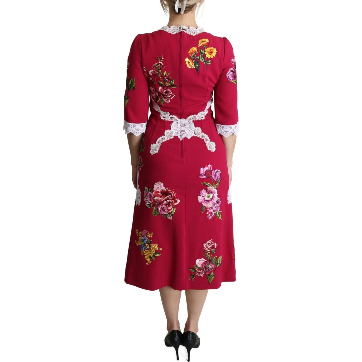 Dolce & Gabbana Red Floral Embroidered Sheath Midi Dress Dolce & Gabbana