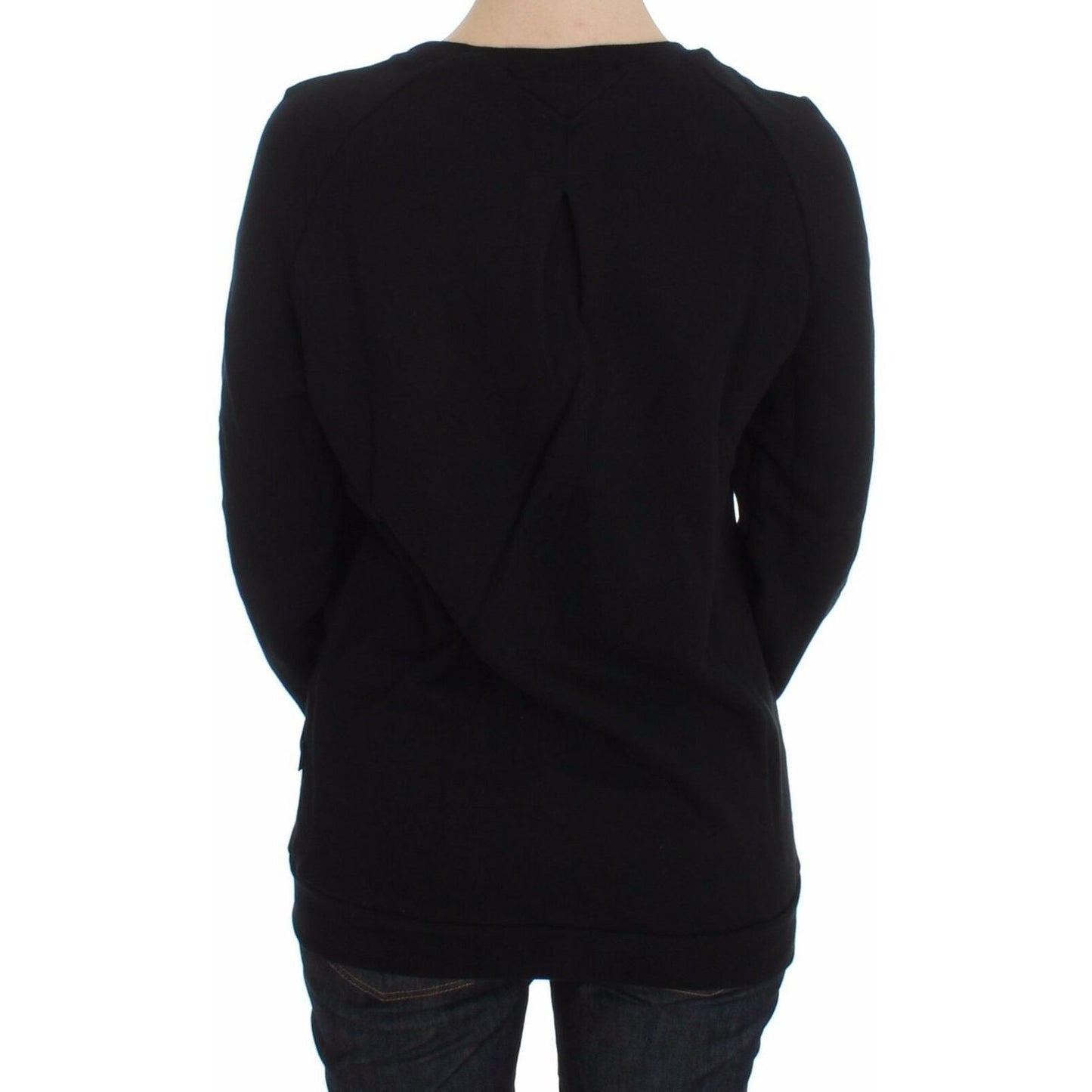 Exte Black Cotton Motive Print Crewneck Pullover Sweater Exte