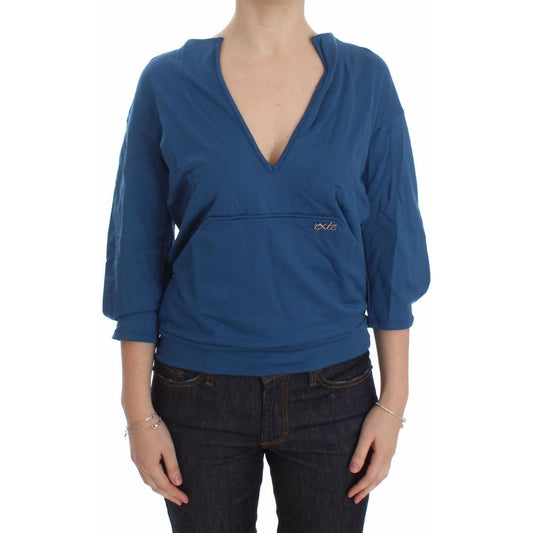 Exte Blue Cotton Top Pullover Deep V-neck Women Sweater Exte