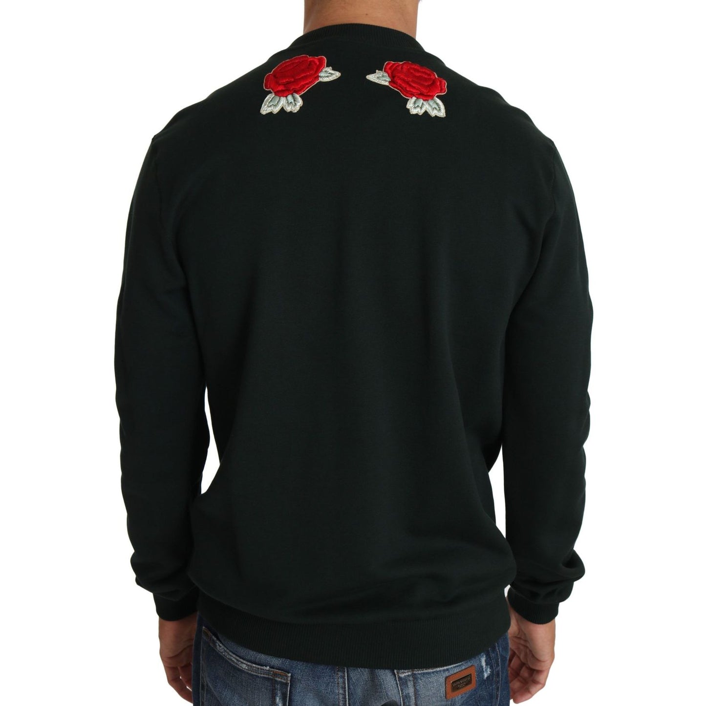 Dolce & Gabbana Green Crystal Heart Roses Gun Sweater