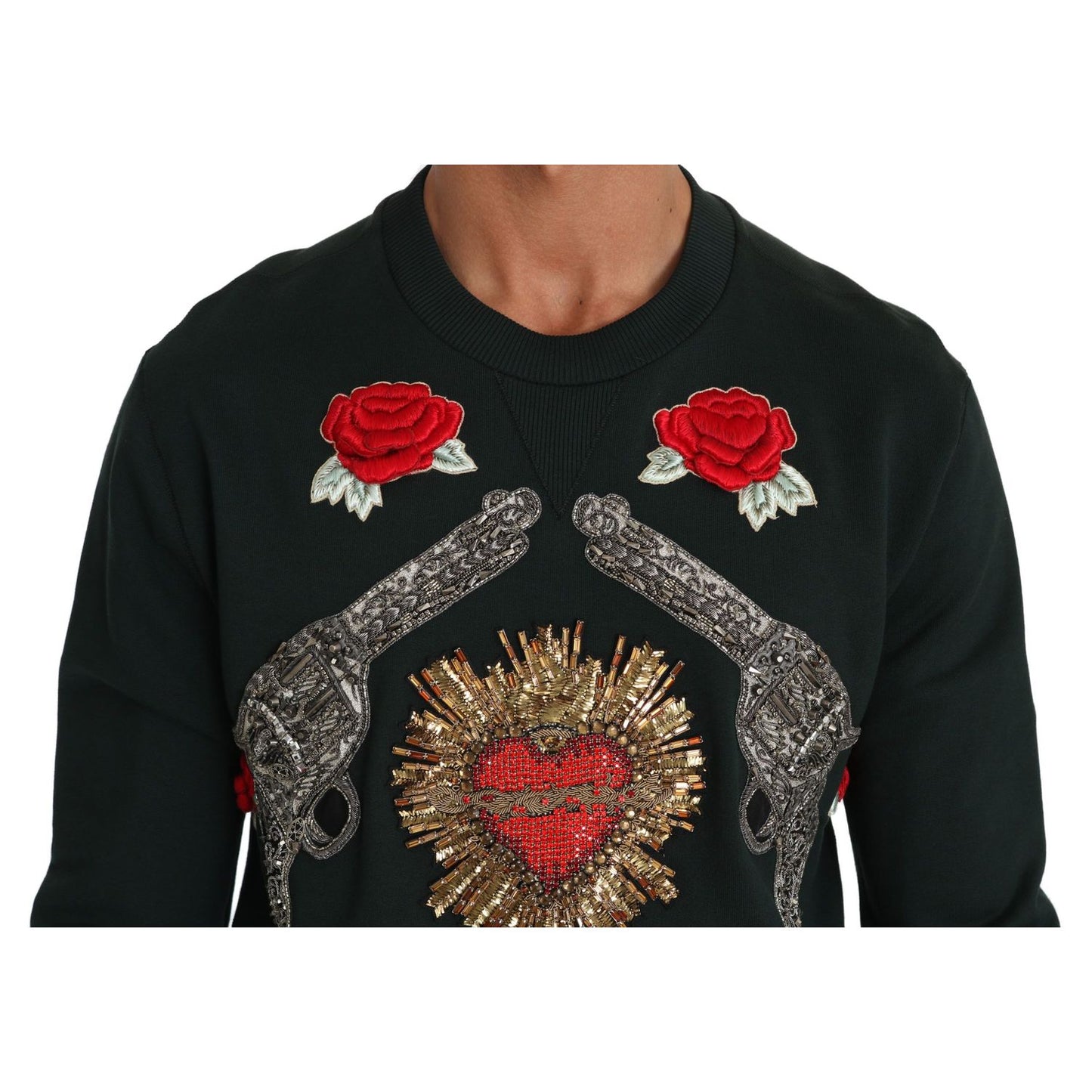 Dolce & Gabbana Green Crystal Heart Roses Gun Sweater