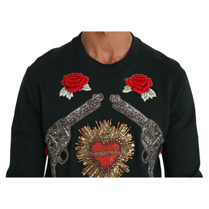 Dolce & Gabbana Green Crystal Heart Roses Gun Sweater