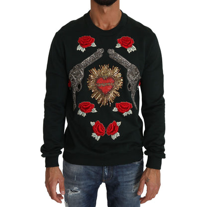 Dolce & Gabbana Green Crystal Heart Roses Gun Sweater