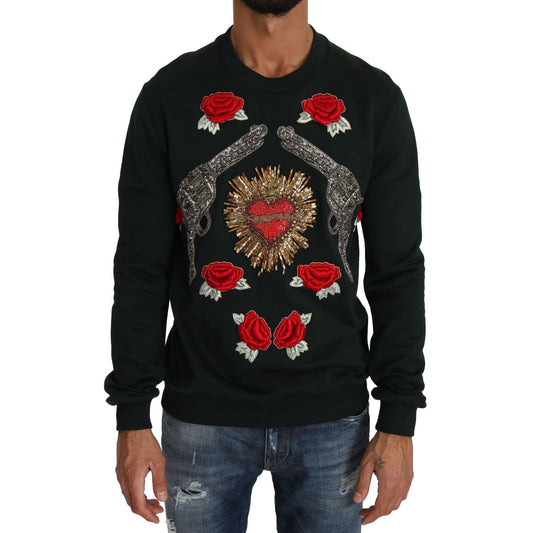 Dolce & Gabbana Green Crystal Heart Roses Gun Sweater