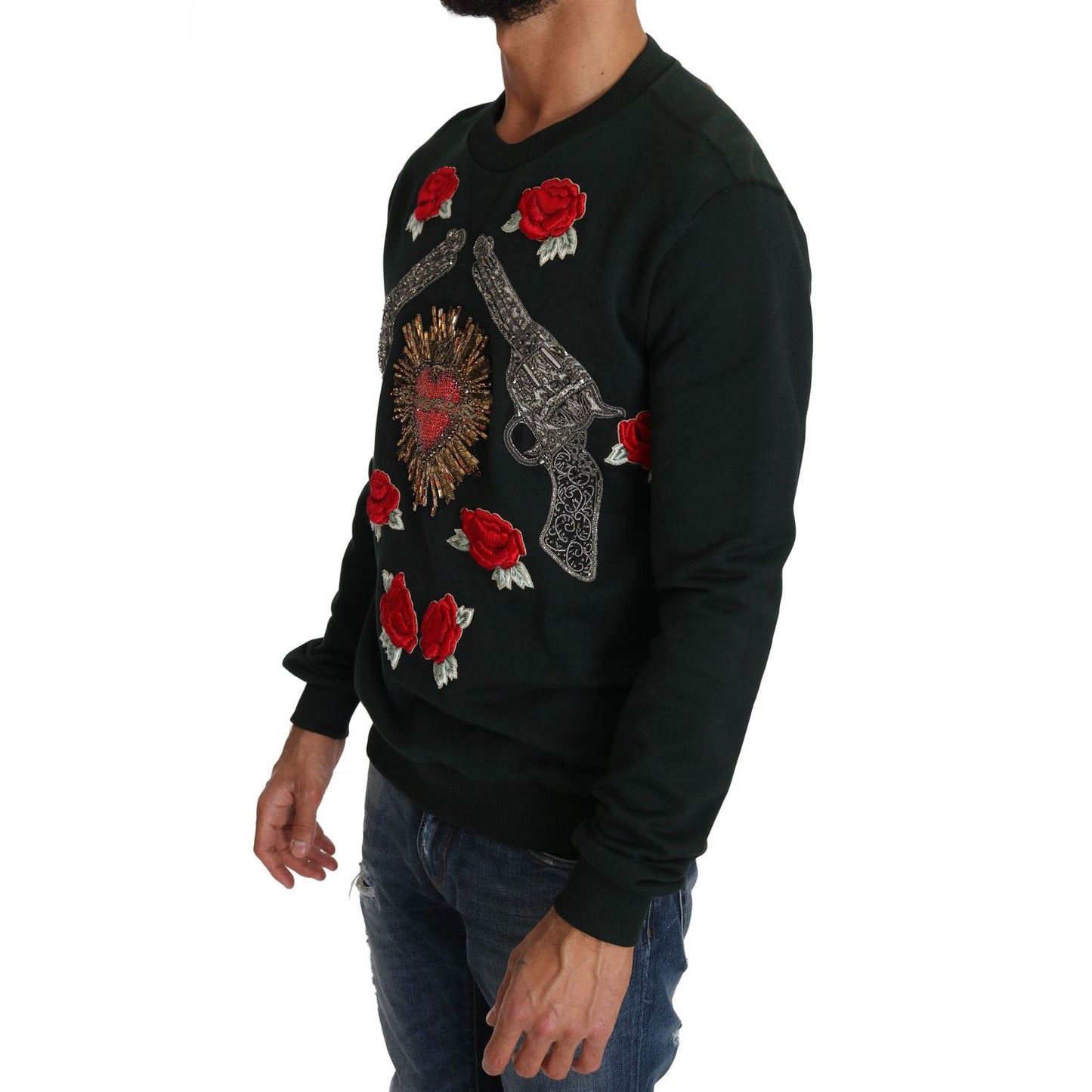 Dolce & Gabbana Green Crystal Heart Roses Gun Sweater