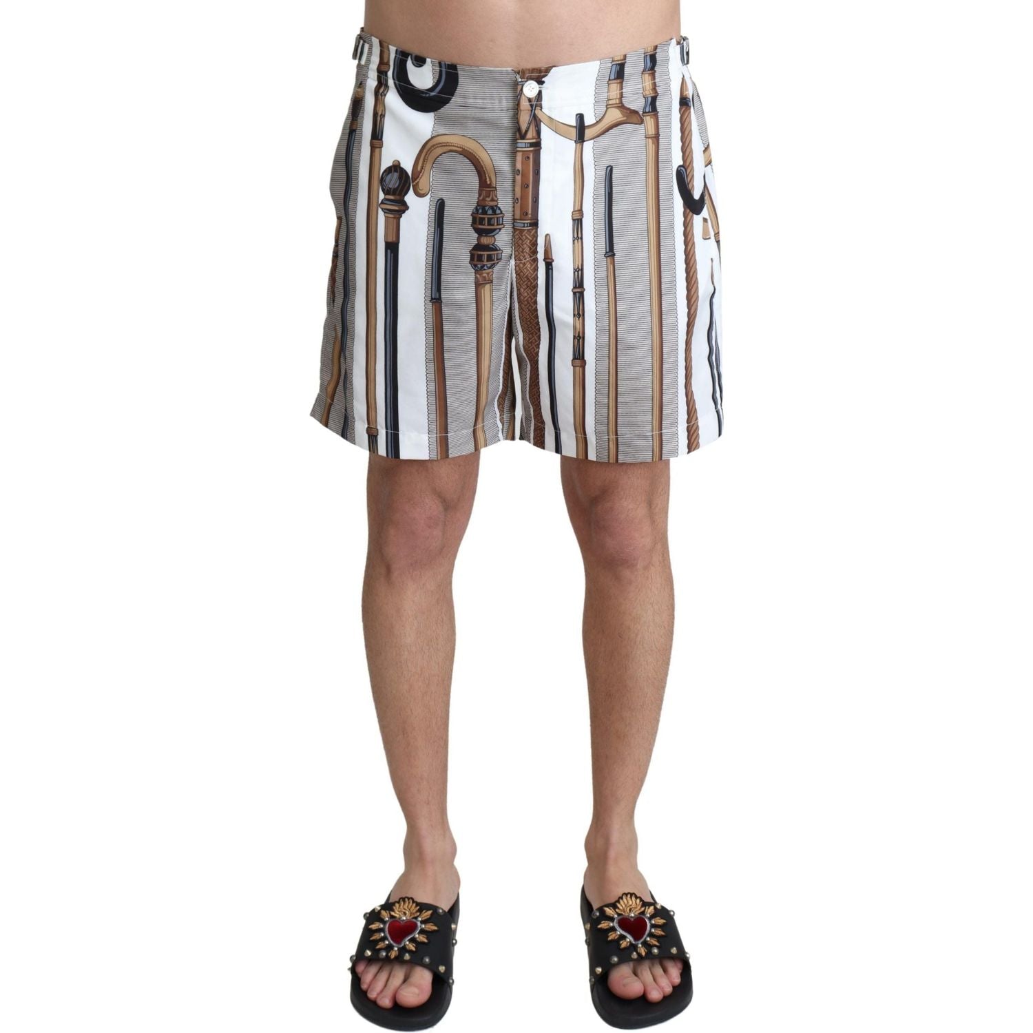 Dolce & Gabbana White Walking Stick Beachwear Shorts Swimshorts